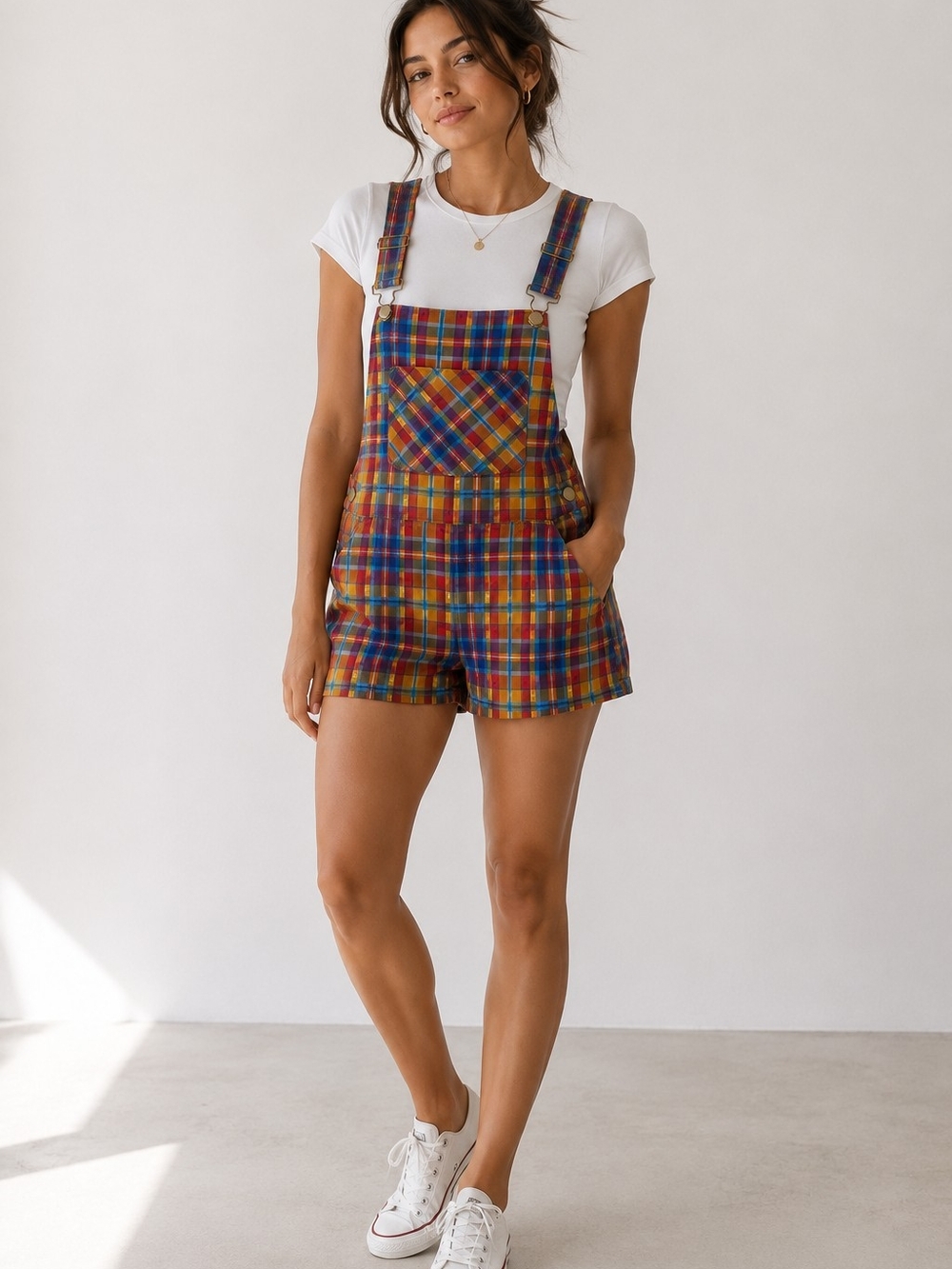 WeWoreWhat Multicolor Plaid Short Overalls
